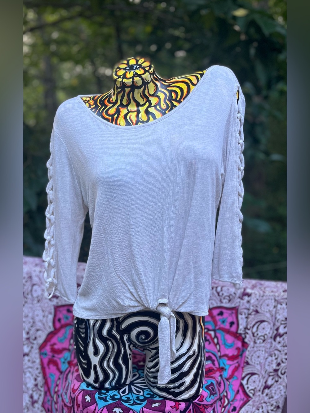 A. Byer Cream Tie-Front Long Sleeve Top with Braided Sleeves